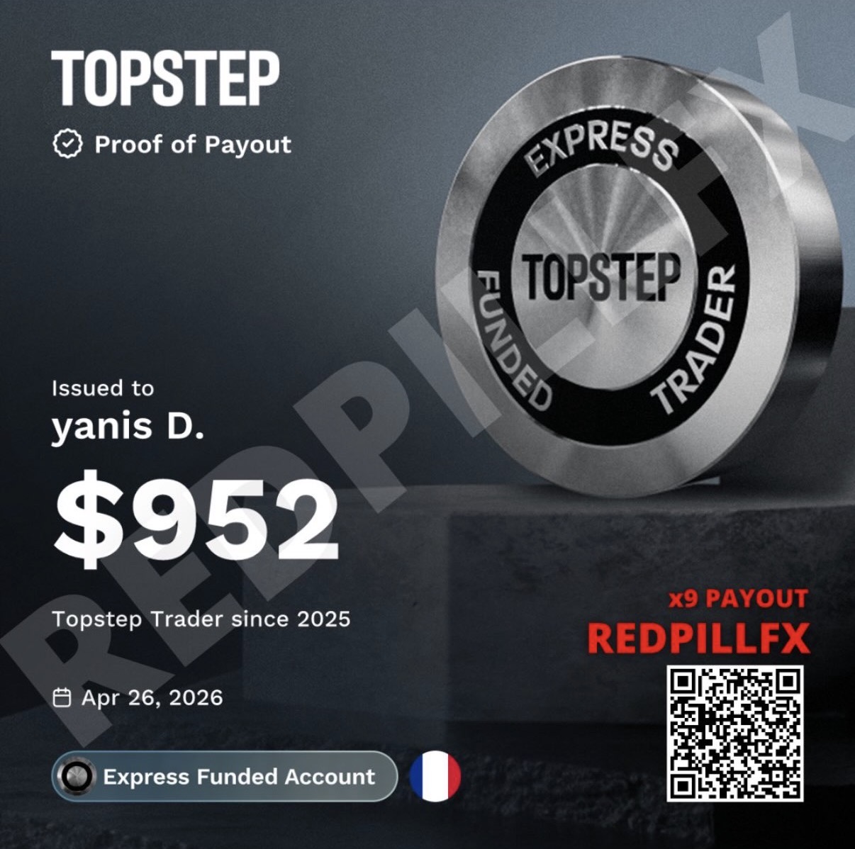 yanis D. — payout TOPSTEP n°9 de 952 $