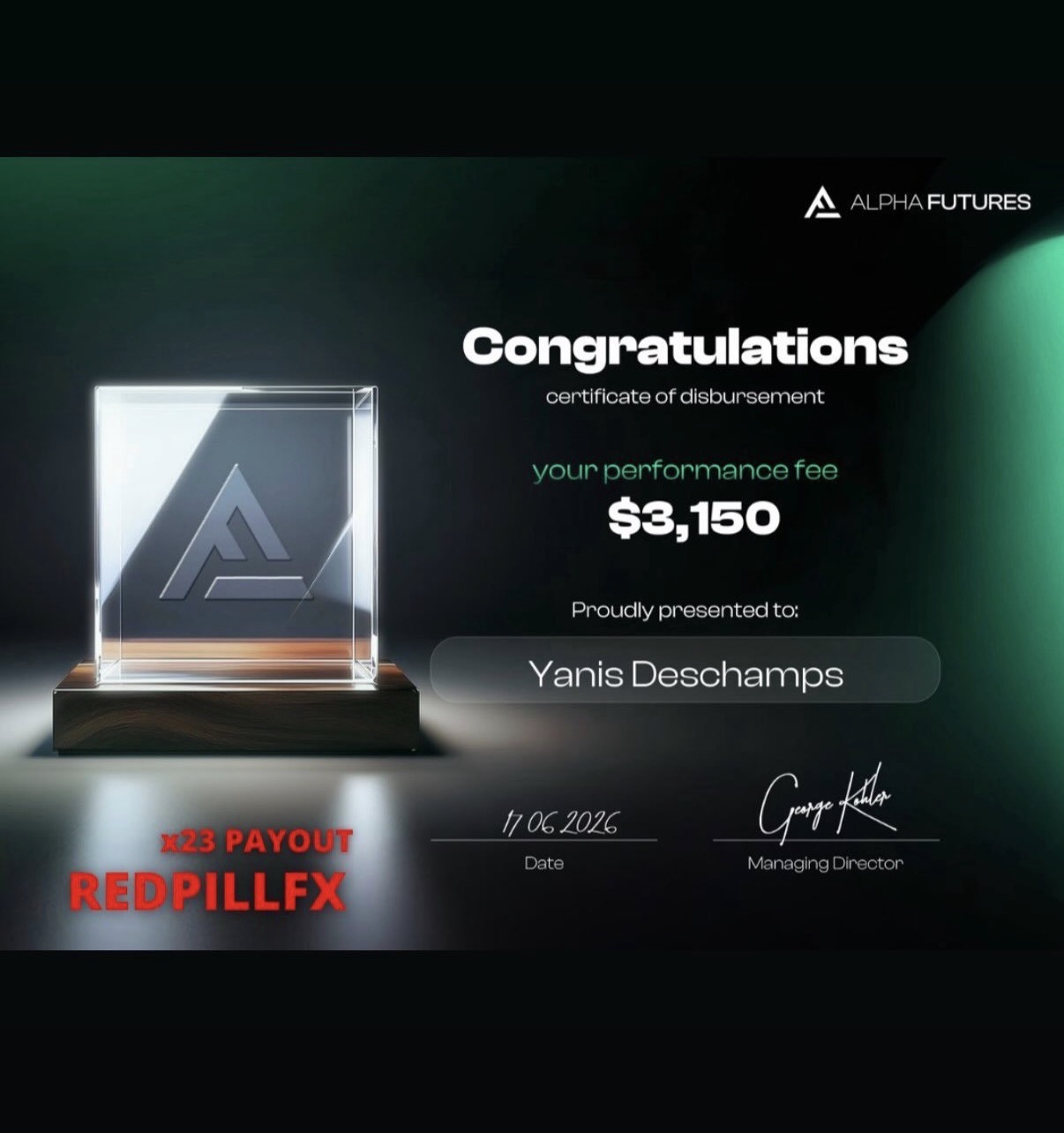 Yanis Deschamps — payout ALPHA FUTURES n°23 de 3 150 $