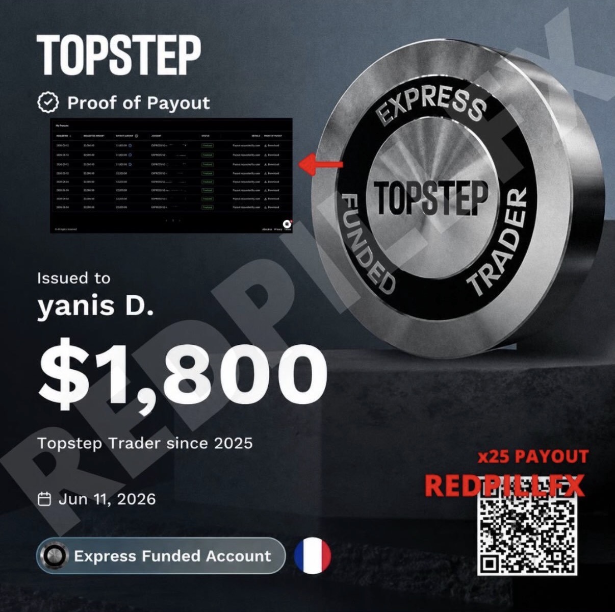 yanis D. — payout TOPSTEP n°25 de 1 800 $