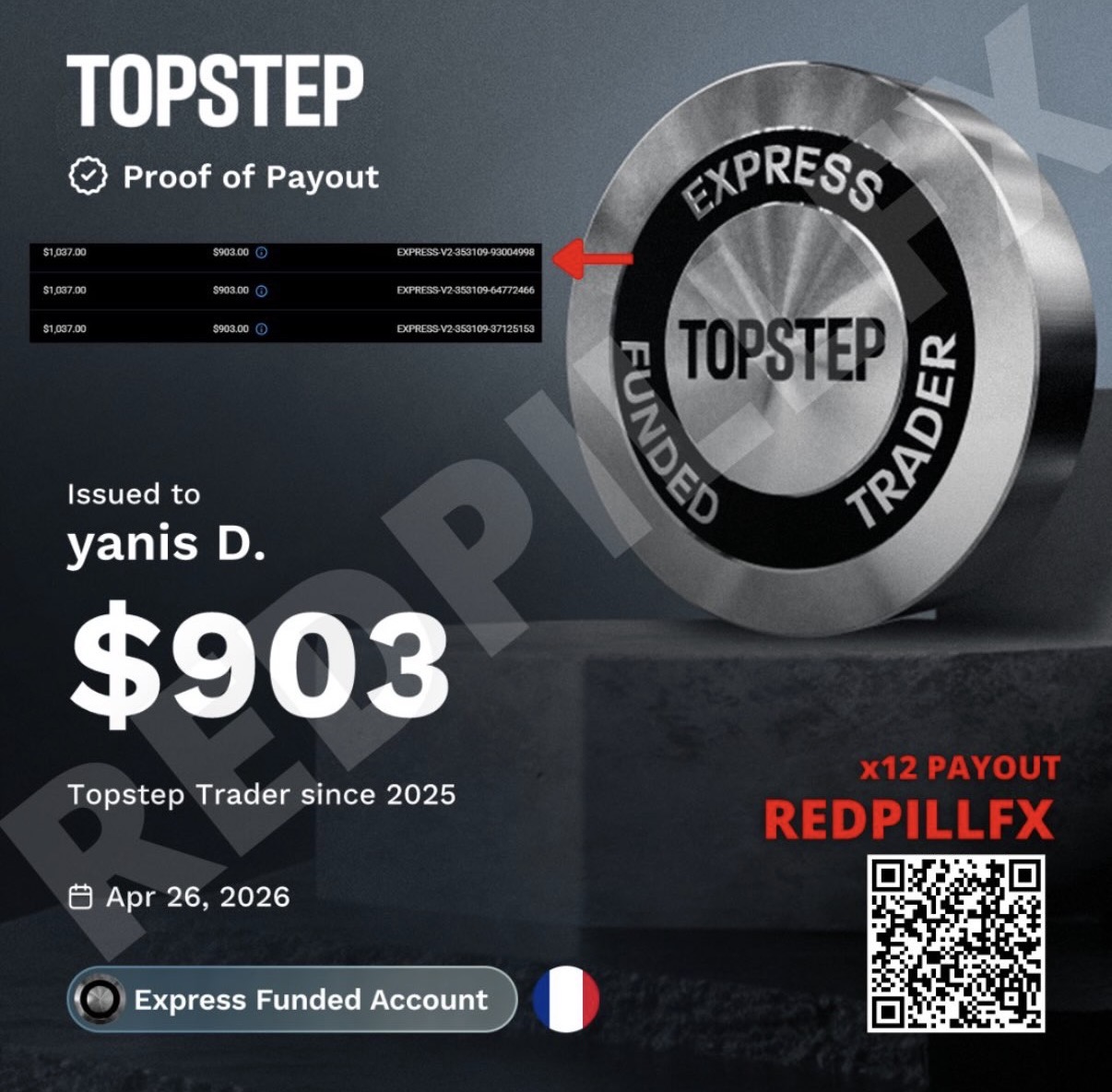 yanis D. — payout TOPSTEP n°12 de 903 $