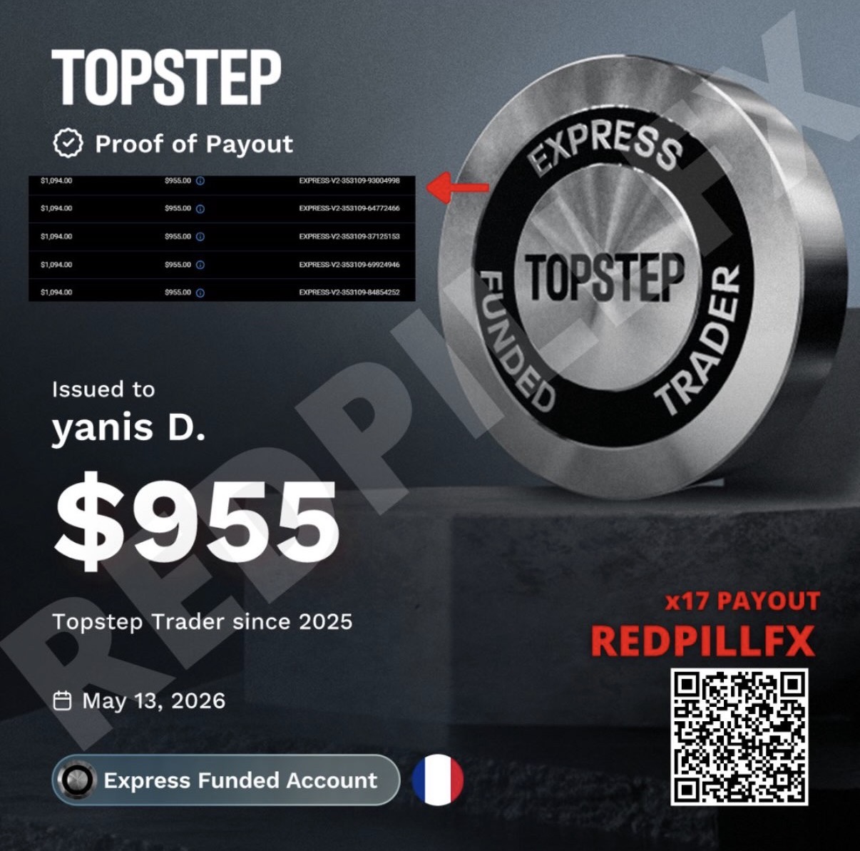 yanis D. — payout TOPSTEP n°17 de 955 $