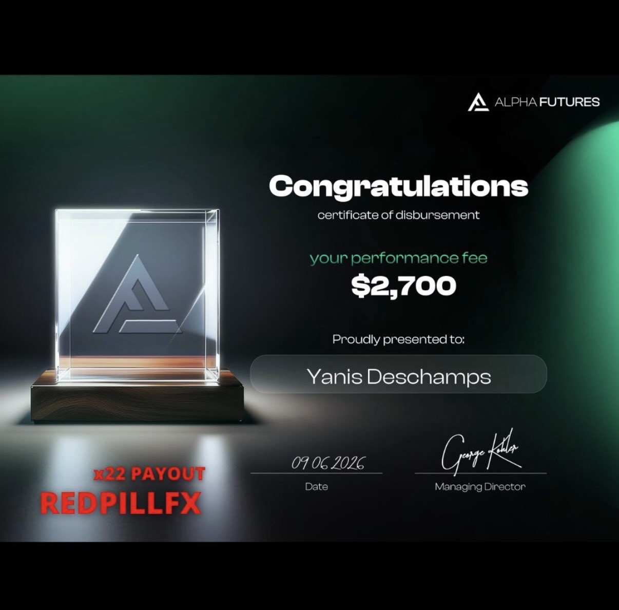 Yanis Deschamps — payout ALPHA FUTURES n°22 de 2 700 $