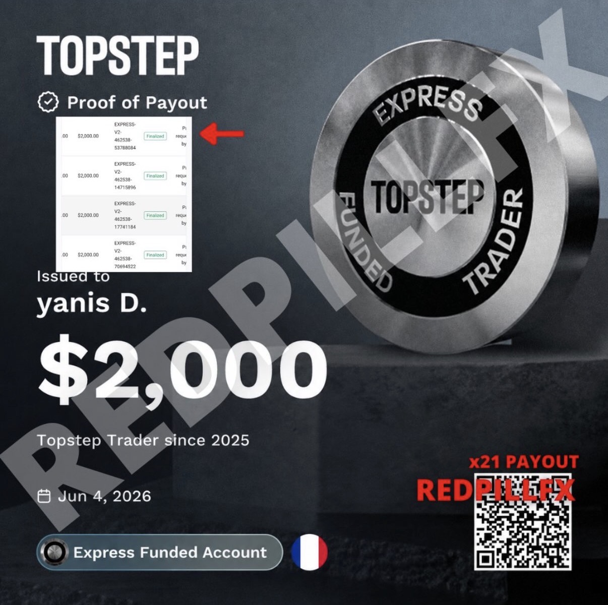 yanis D. — payout TOPSTEP n°21 de 2 000 $