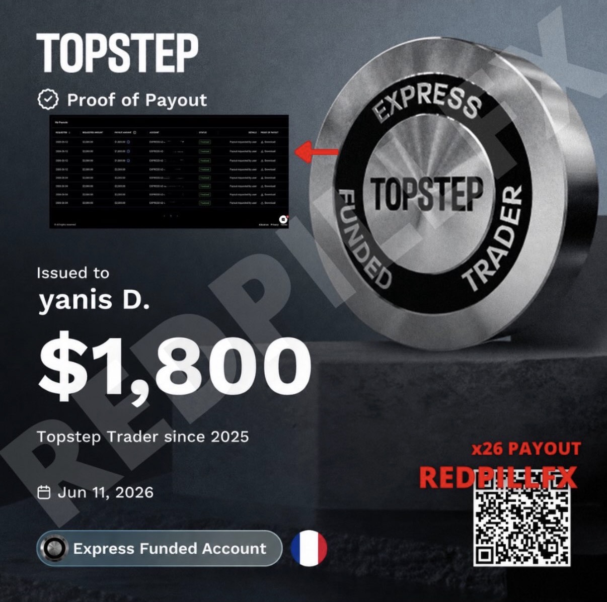 yanis D. — payout TOPSTEP n°26 de 1 800 $