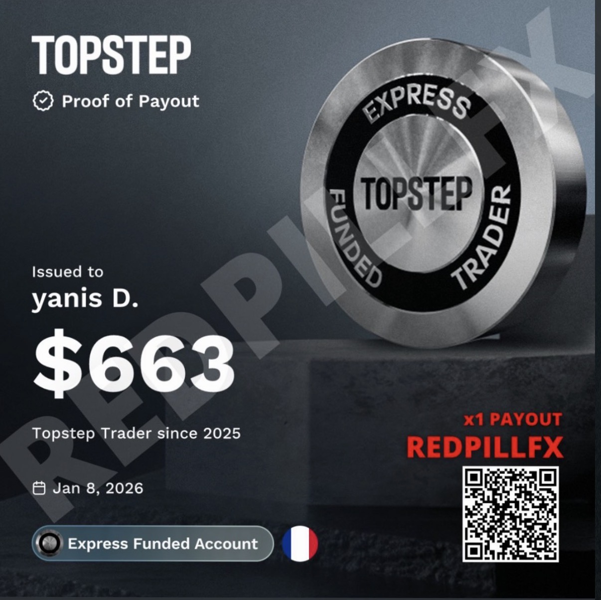 yanis D. — payout TOPSTEP n°1 de 663 $
