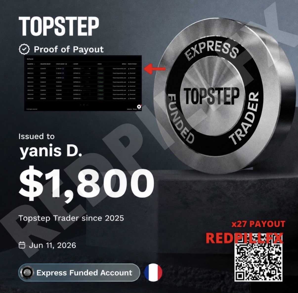 yanis D. — payout TOPSTEP n°27 de 1 800 $