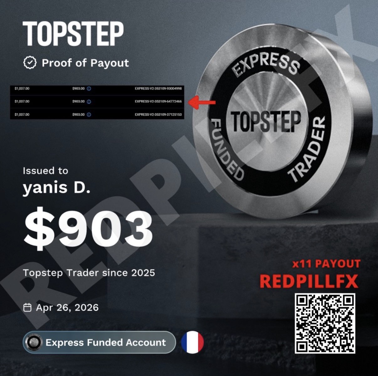 yanis D. — payout TOPSTEP n°11 de 903 $