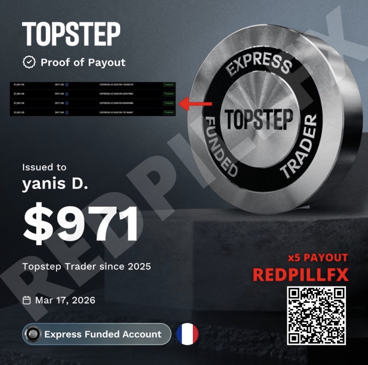 yanis D. — payout TOPSTEP n°5 de 971 $