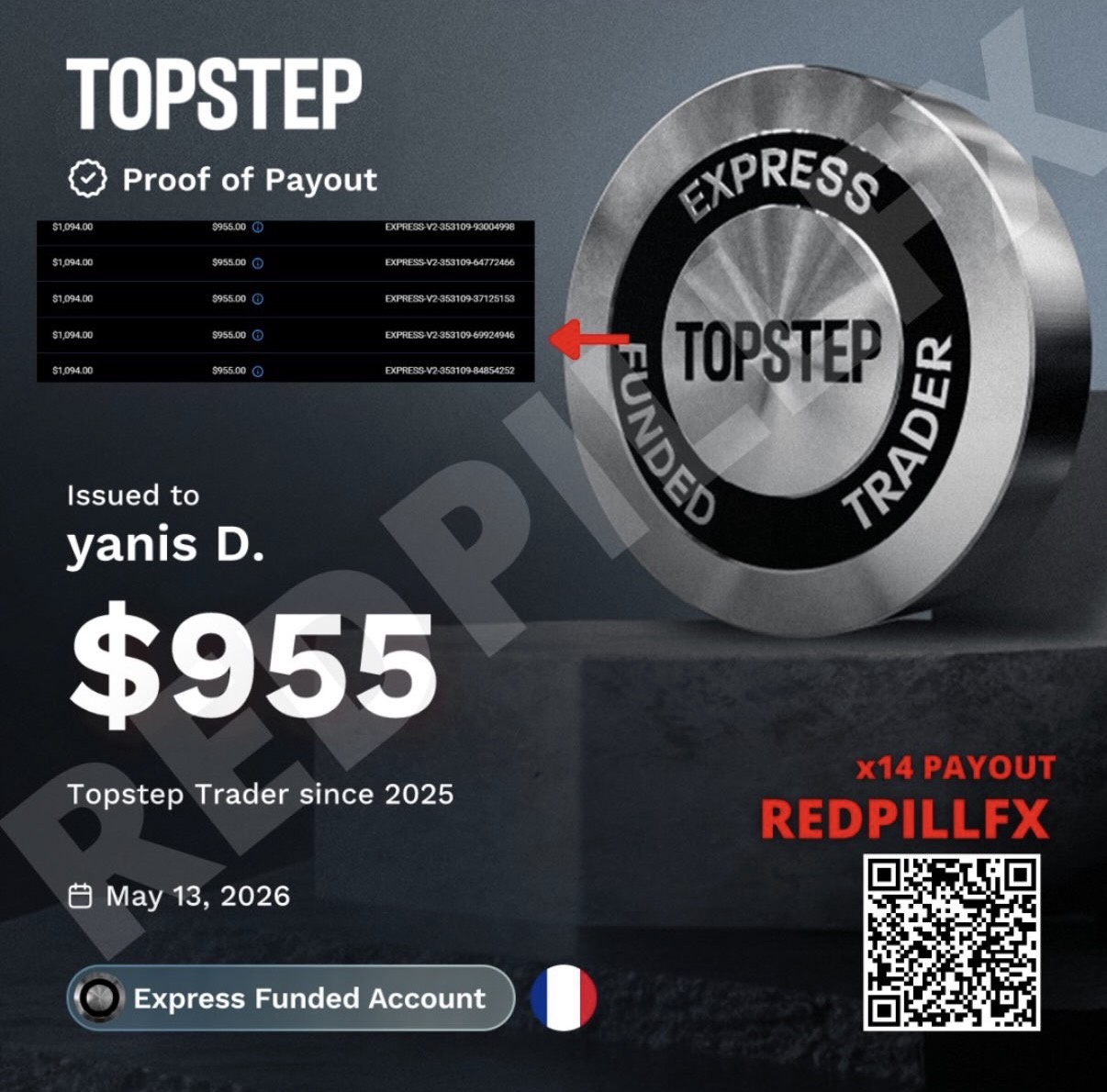 yanis D. — payout TOPSTEP n°14 de 955 $