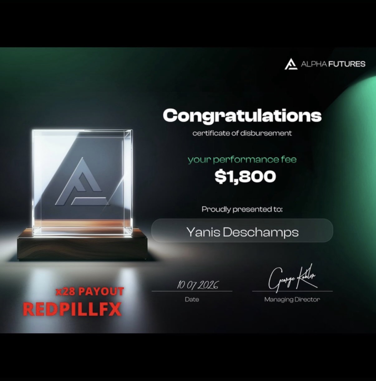 Yanis Deschamps — payout ALPHA FUTURES n°28 de 1 800 $